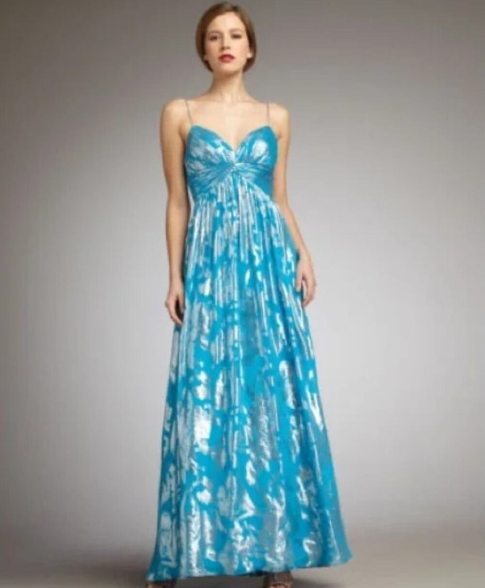 AIDAN MATTOX new ice aqua blue silver metallic 100% silk strapless gown dress